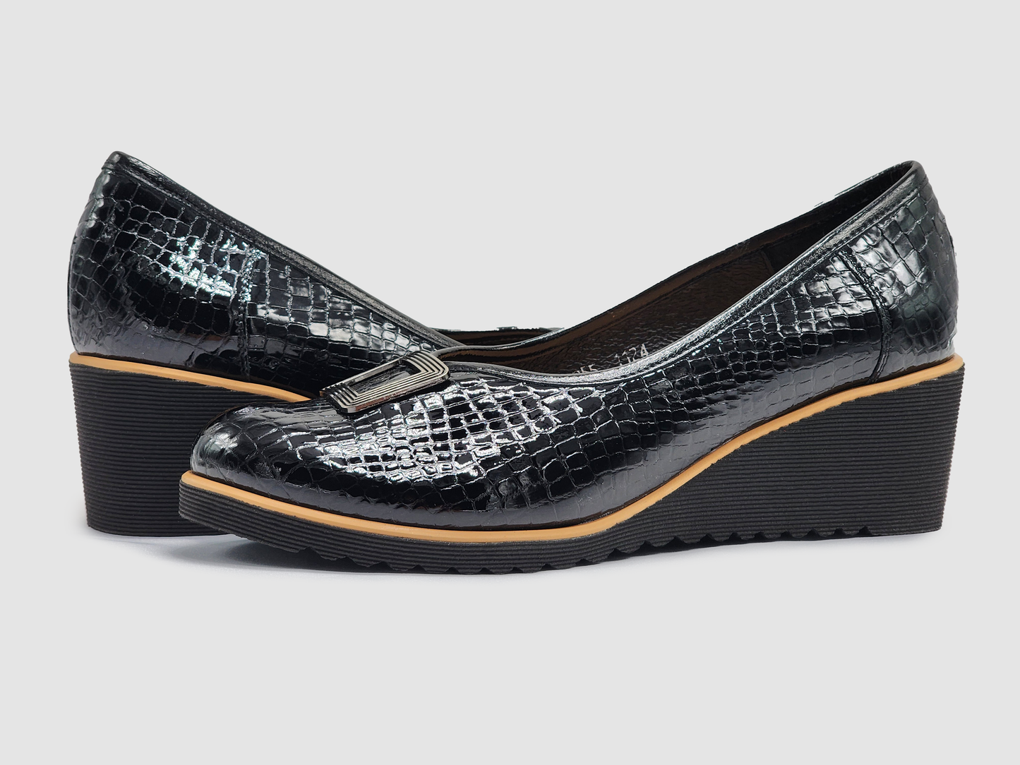 
                  
                    Women's AGA Stella Leather Wedge Pump Shoes - Shiny Crocodile/Black
                  
                