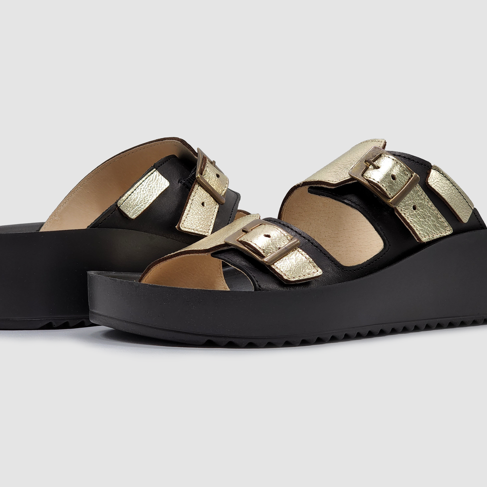 
                  
                    Women's Signature Leather Sandals - Black & Gold
                  
                