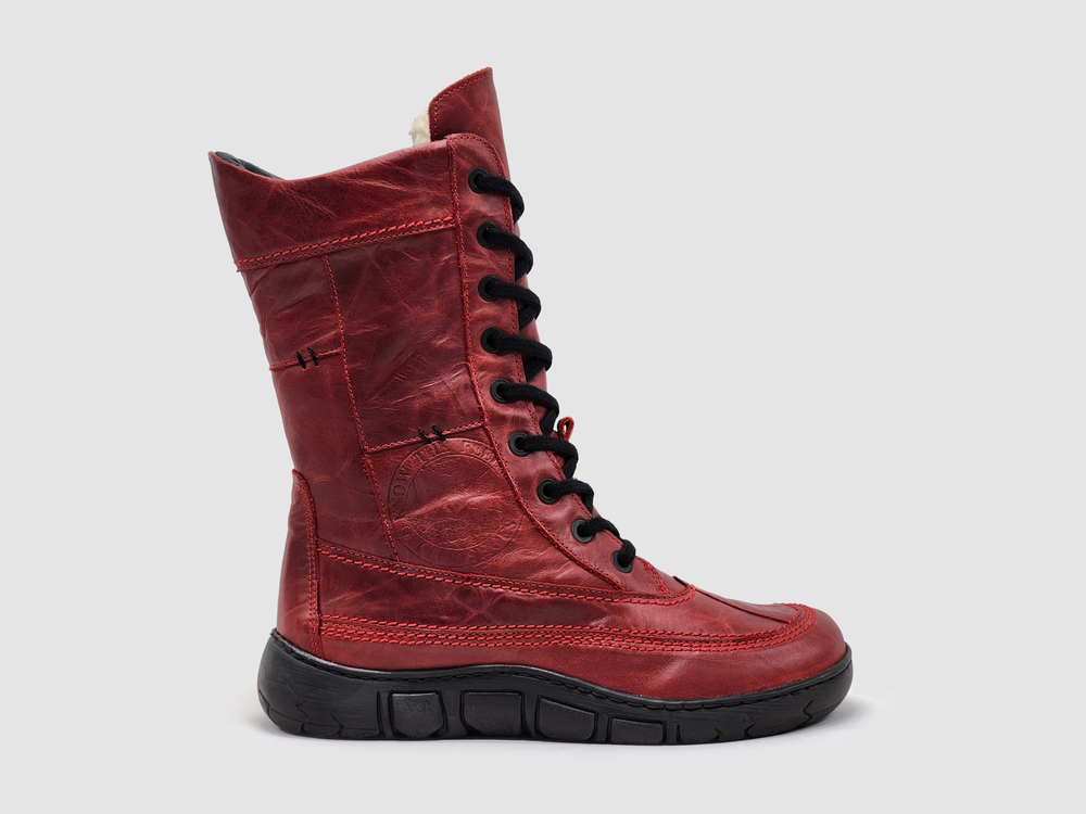 Botas altas de cuero con cremallera y forro de lana gruesa Original para mujer - Rojo